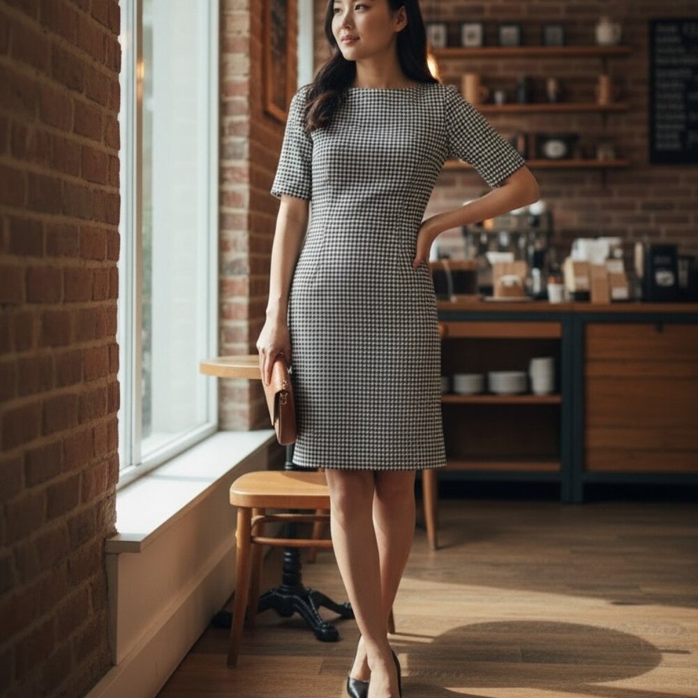 Zara Houndstooth Fitted Midi Dress Short Sleeve‎ L